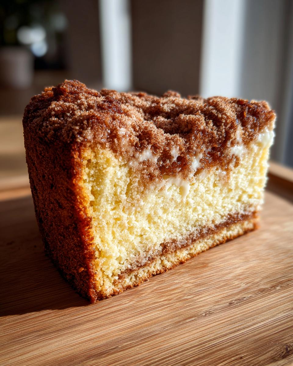 A close-up slice of moist sour cream coffee cake featuring layers of cake, cream cheese swirl, and a thick cinnamon streusel topping.