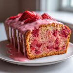 A slice of moist strawberry bread topped with pink glaze and fresh strawberries.