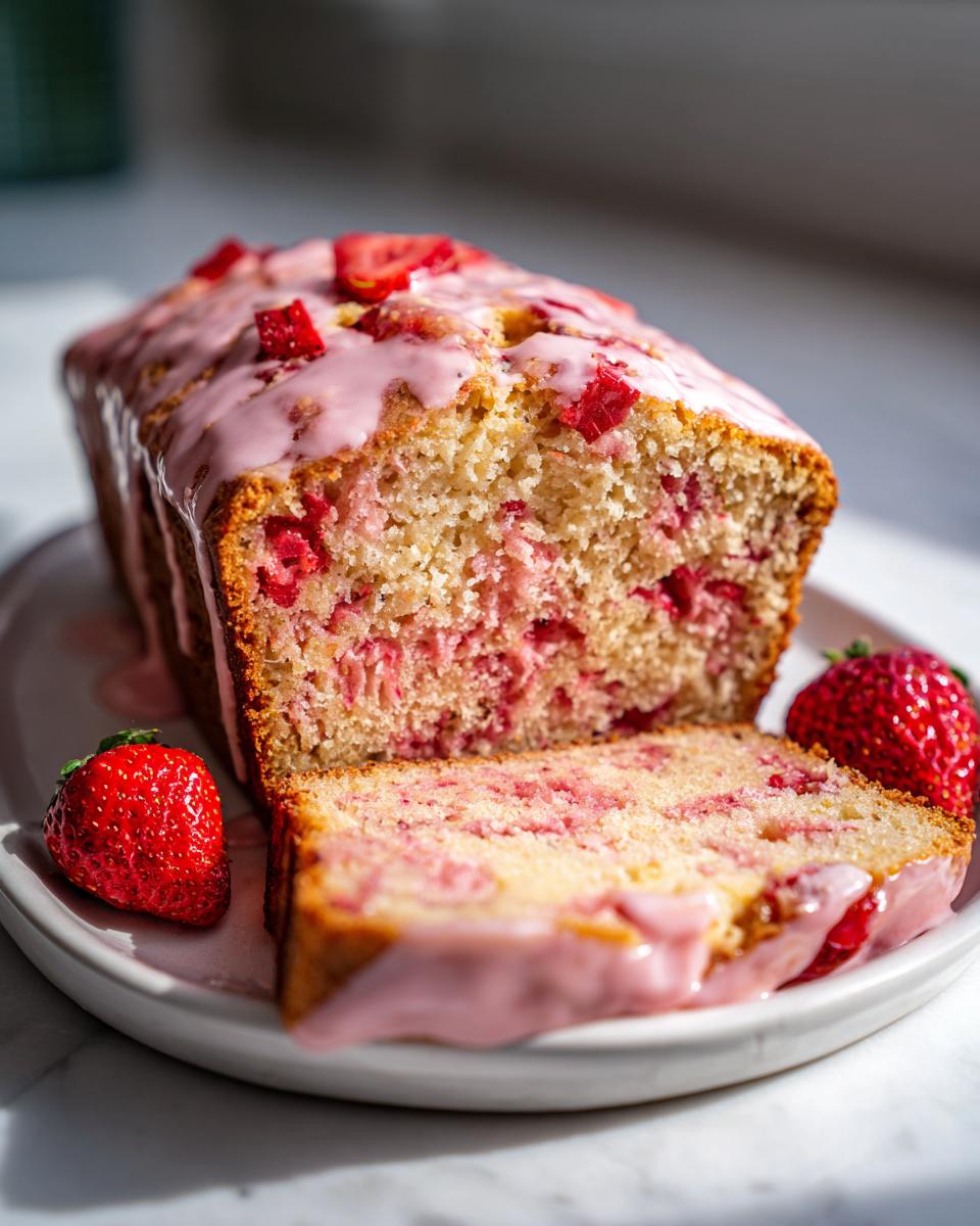 A loaf of moist strawberry bread, partially sliced, topped with pink strawberry glaze and fresh strawberries.