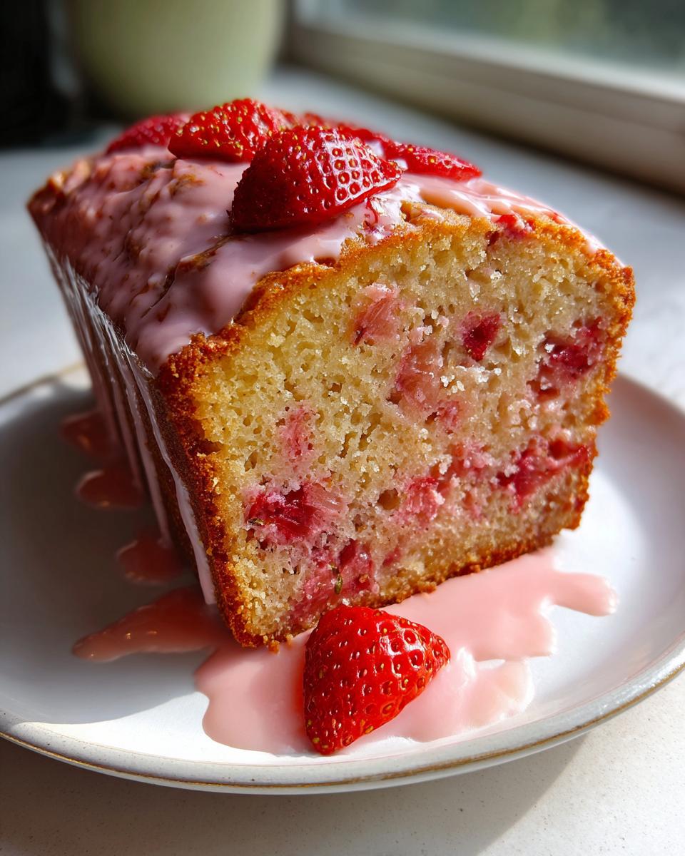 A moist slice of homemade strawberry bread topped with pink glaze and fresh strawberries.