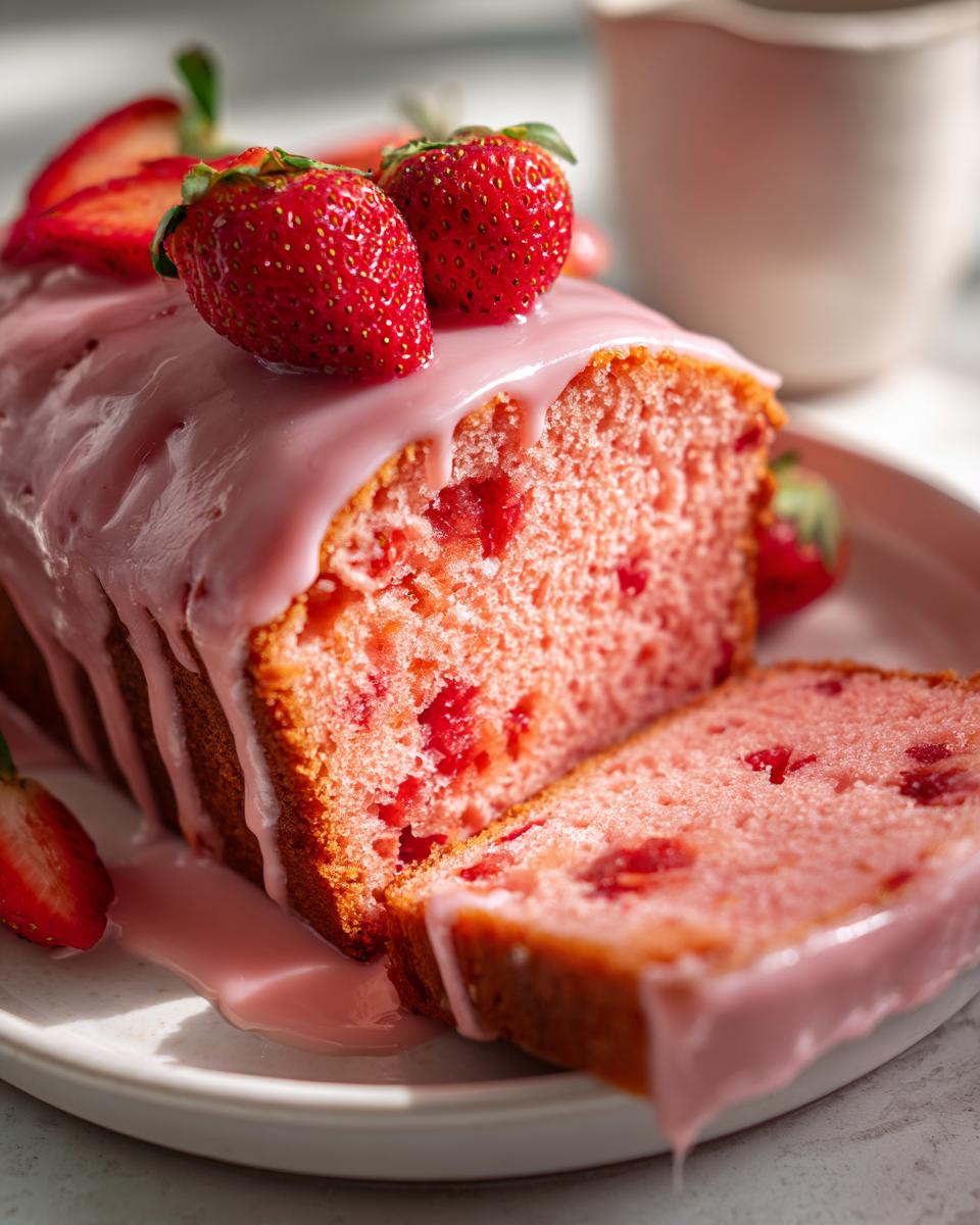 A moist slice of pink strawberry bread topped with a dripping pink glaze and fresh strawberries.