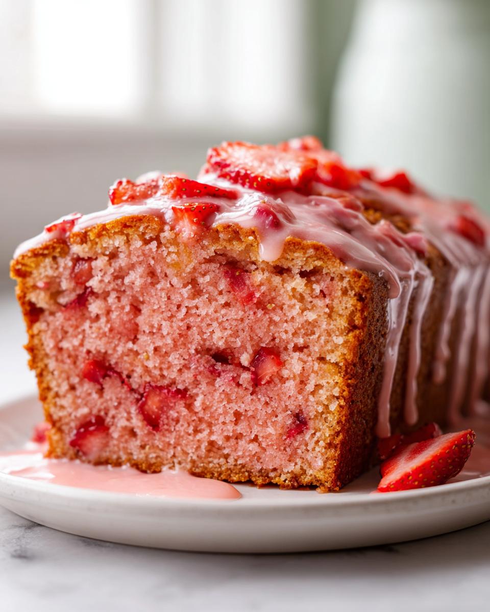 Close-up of a moist slice of strawberry bread, topped with pink strawberry glaze and fresh fruit pieces.
