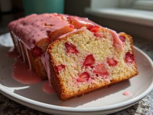 A slice of moist strawberry bread, studded with fresh strawberries and topped with dripping pink strawberry glaze.