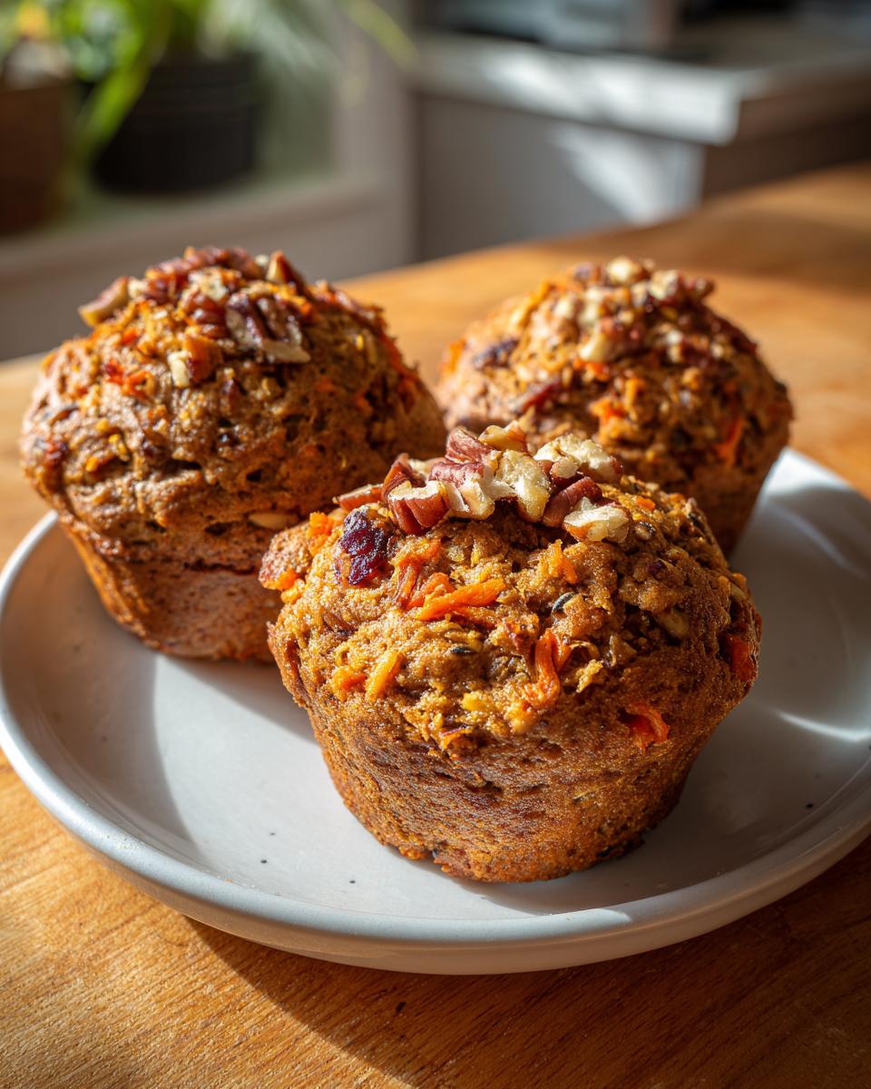 Three golden brown morning glory muffins topped with chopped pecans and visible shredded carrots, resting on a white plate.