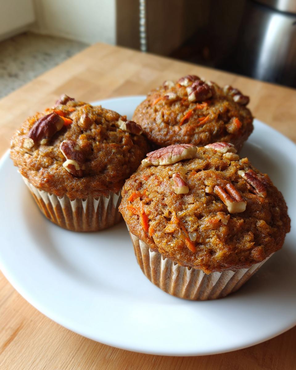 Three freshly baked morning glory muffins topped with pecans resting on a white plate.