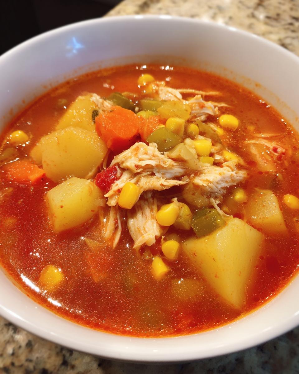 Close-up of a rich, red broth soup bowl filled with potatoes, corn, carrots, and shredded meat, resembling maryland crab soup.