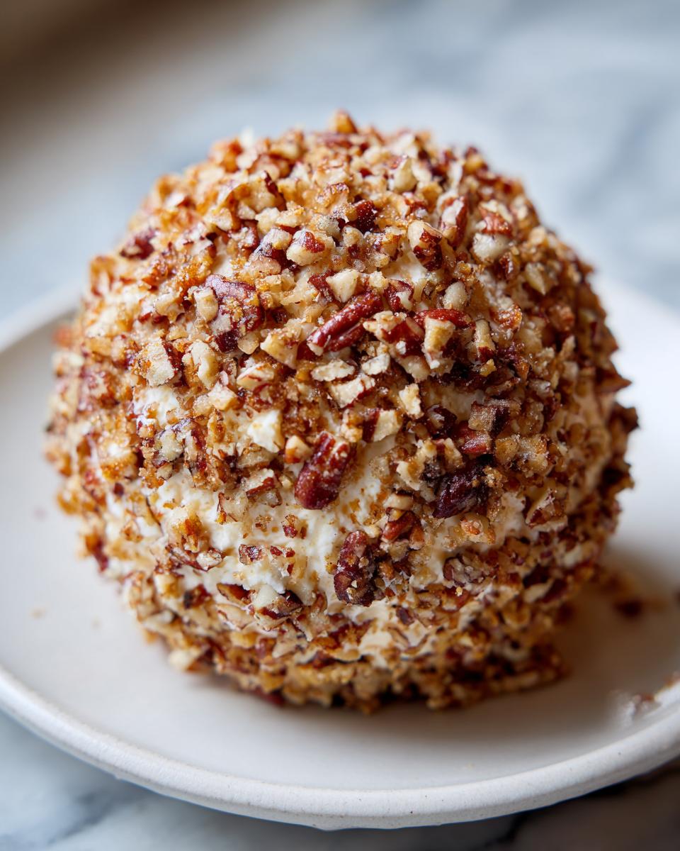 A perfectly formed cheese ball recipe coated entirely in chopped pecans, resting on a white plate.