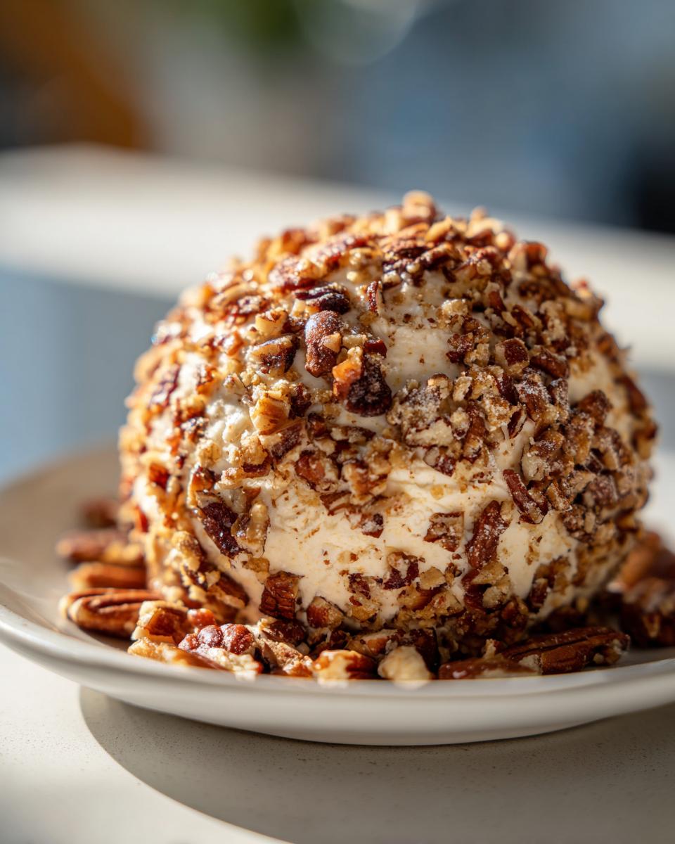 A perfectly formed cheese ball recipe coated entirely in chopped pecans, resting on a white plate.