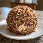 A large, perfectly formed cheese ball recipe coated entirely in chopped pecans, sitting on a white plate.