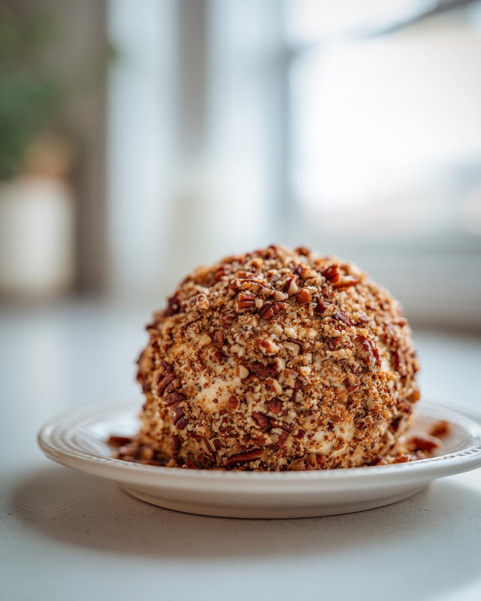 A perfectly formed cheese ball recipe coated entirely in chopped pecans, resting on a small white plate.