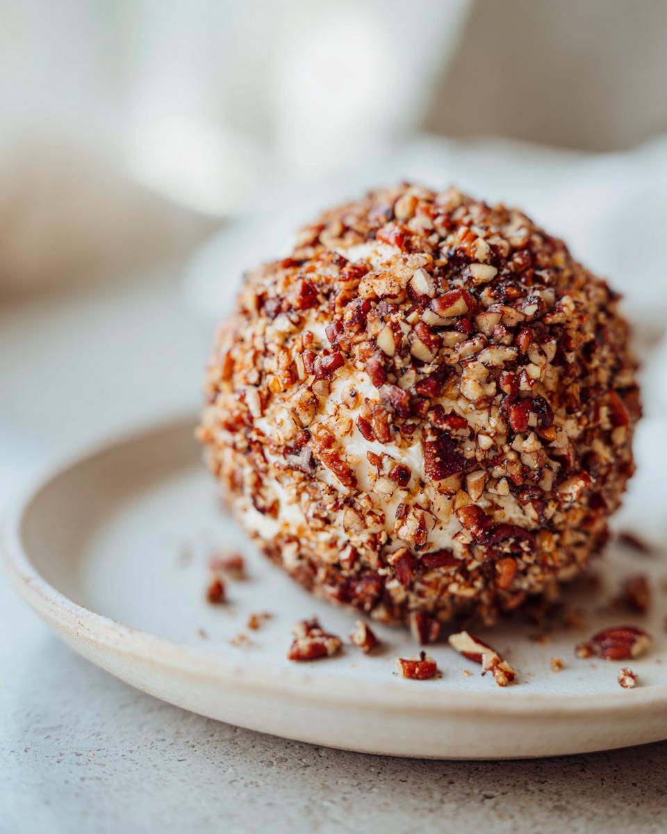A close-up of a perfectly formed cheese ball recipe coated entirely in chopped pecans, resting on a light ceramic plate.