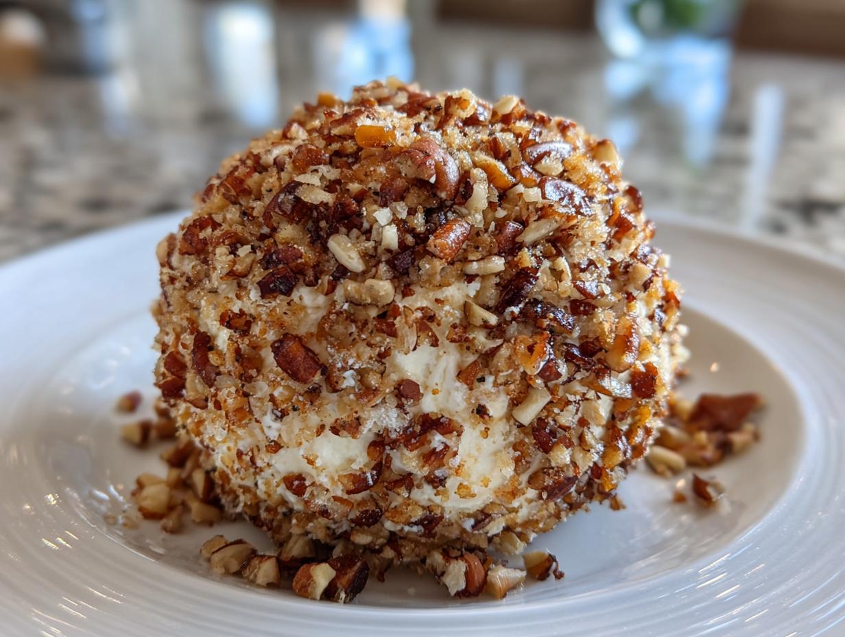 A perfectly shaped cheese ball recipe coated entirely in chopped, toasted pecans, resting on a white plate.