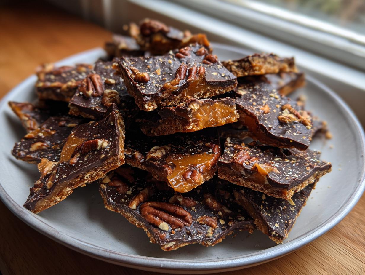A pile of broken, rich Pecan Pie Bark pieces topped with pecans and chocolate on a light gray plate.