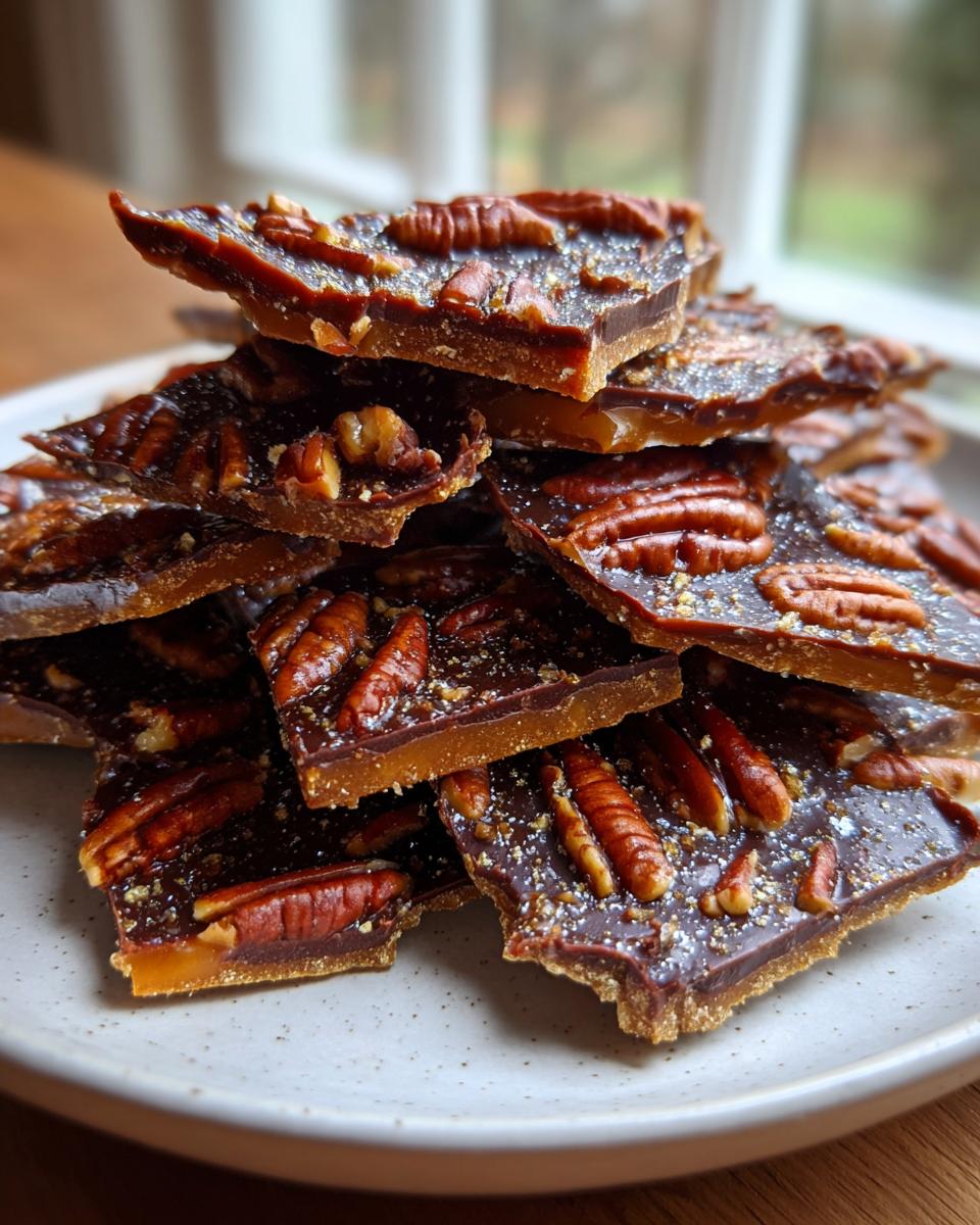 A close-up stack of broken pieces of rich, dark Pecan Pie Bark topped with whole pecans, set against a bright window background.