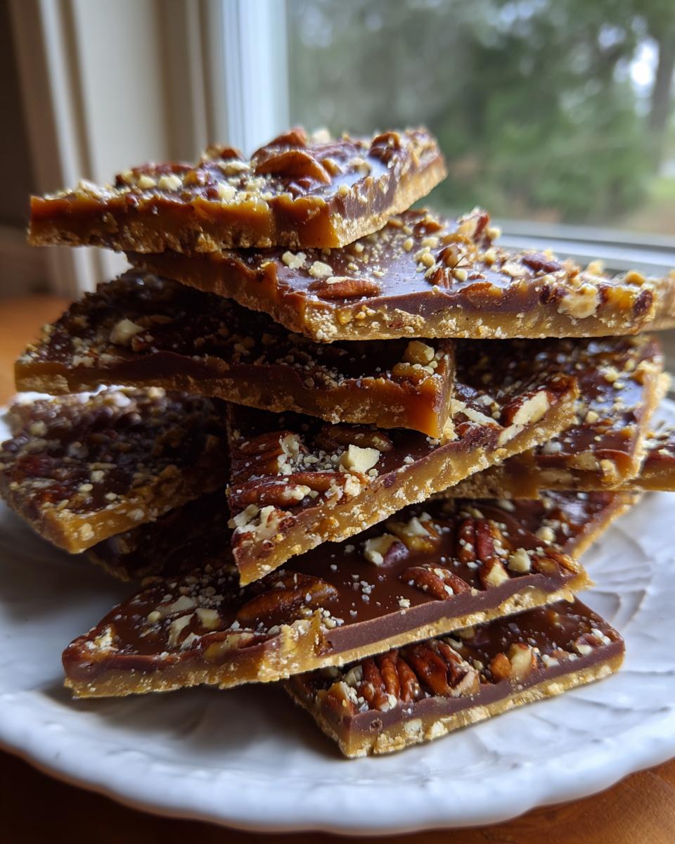 A stack of freshly broken pieces of Pecan Pie Bark, showing a chocolate layer topped with pecans, resting on a white plate.