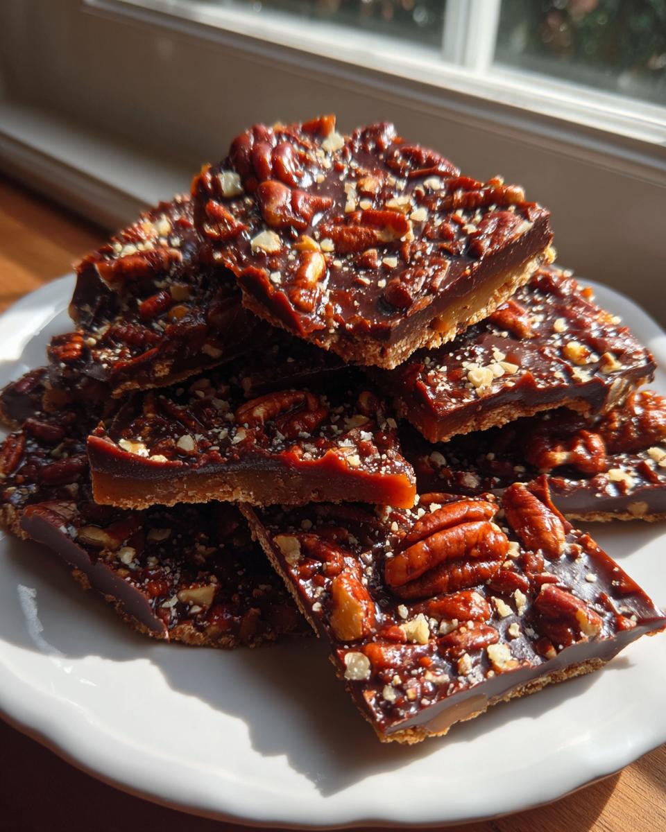 A stack of rich, glossy Pecan Pie Bark squares topped with whole and chopped pecans, illuminated by sunlight.