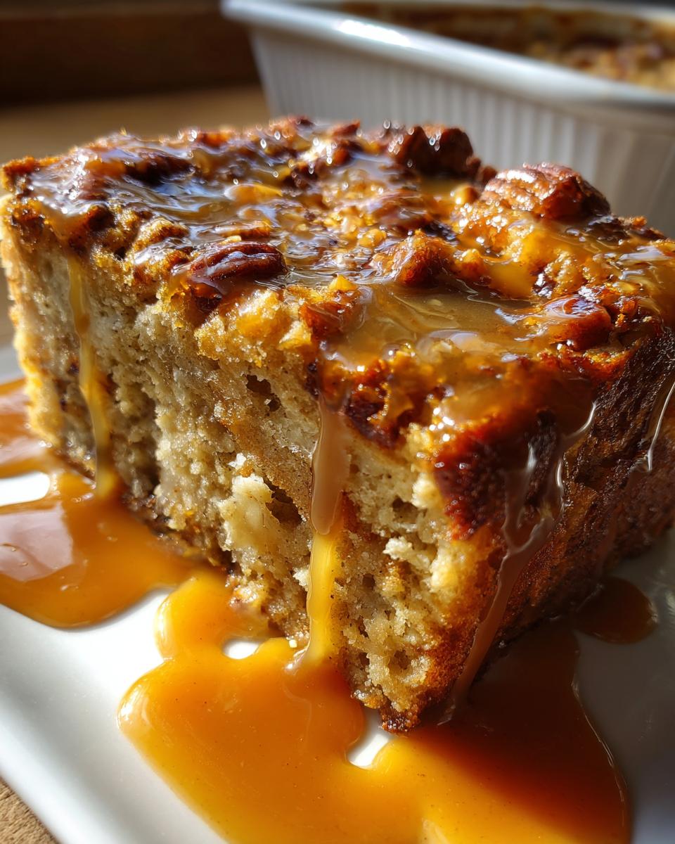 Close-up of a rich slice of pecan pie bread pudding drenched in glossy caramel sauce.