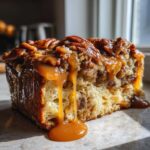 A close-up of a slice of pecan pie bread pudding dripping with thick caramel sauce.