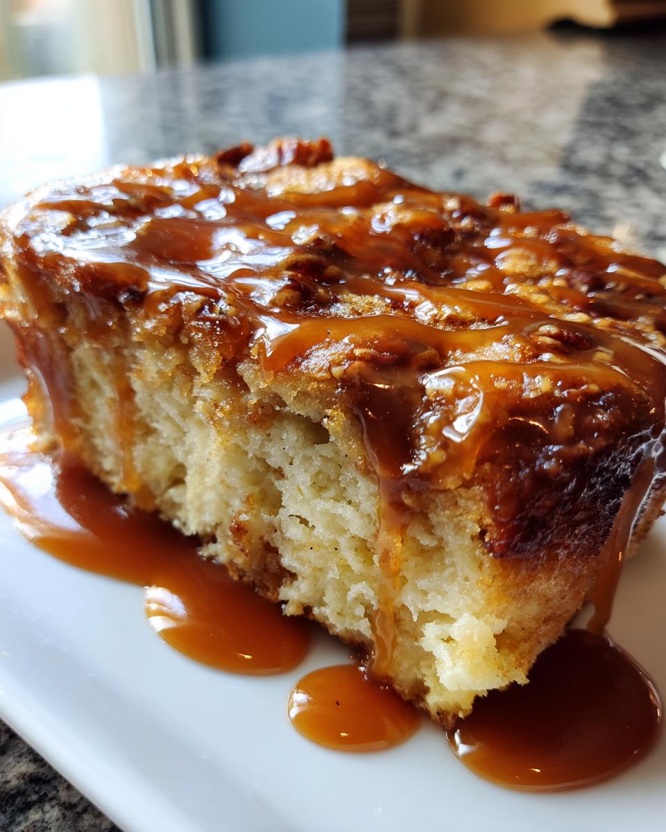 Close-up of a moist slice of pecan pie bread pudding generously drizzled with rich caramel sauce.