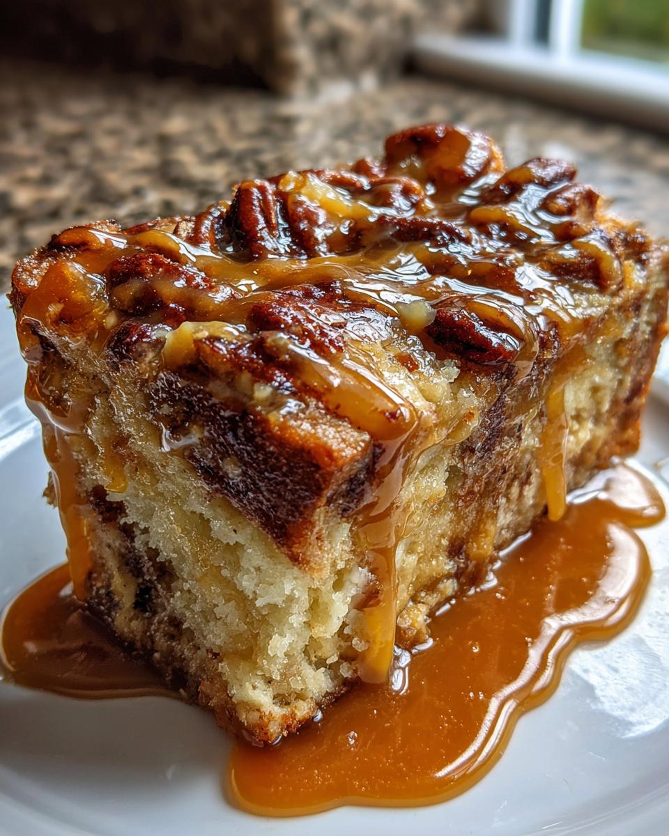 Close-up of a rich slice of pecan pie bread pudding dripping with gooey caramel sauce.