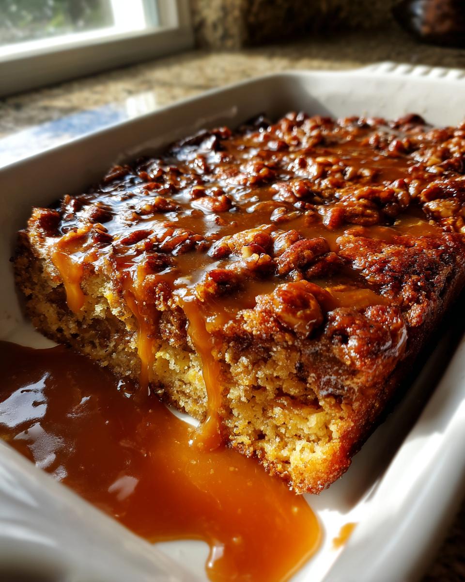 A rich slice of pecan pie bread pudding topped with thick caramel sauce dripping down the side.
