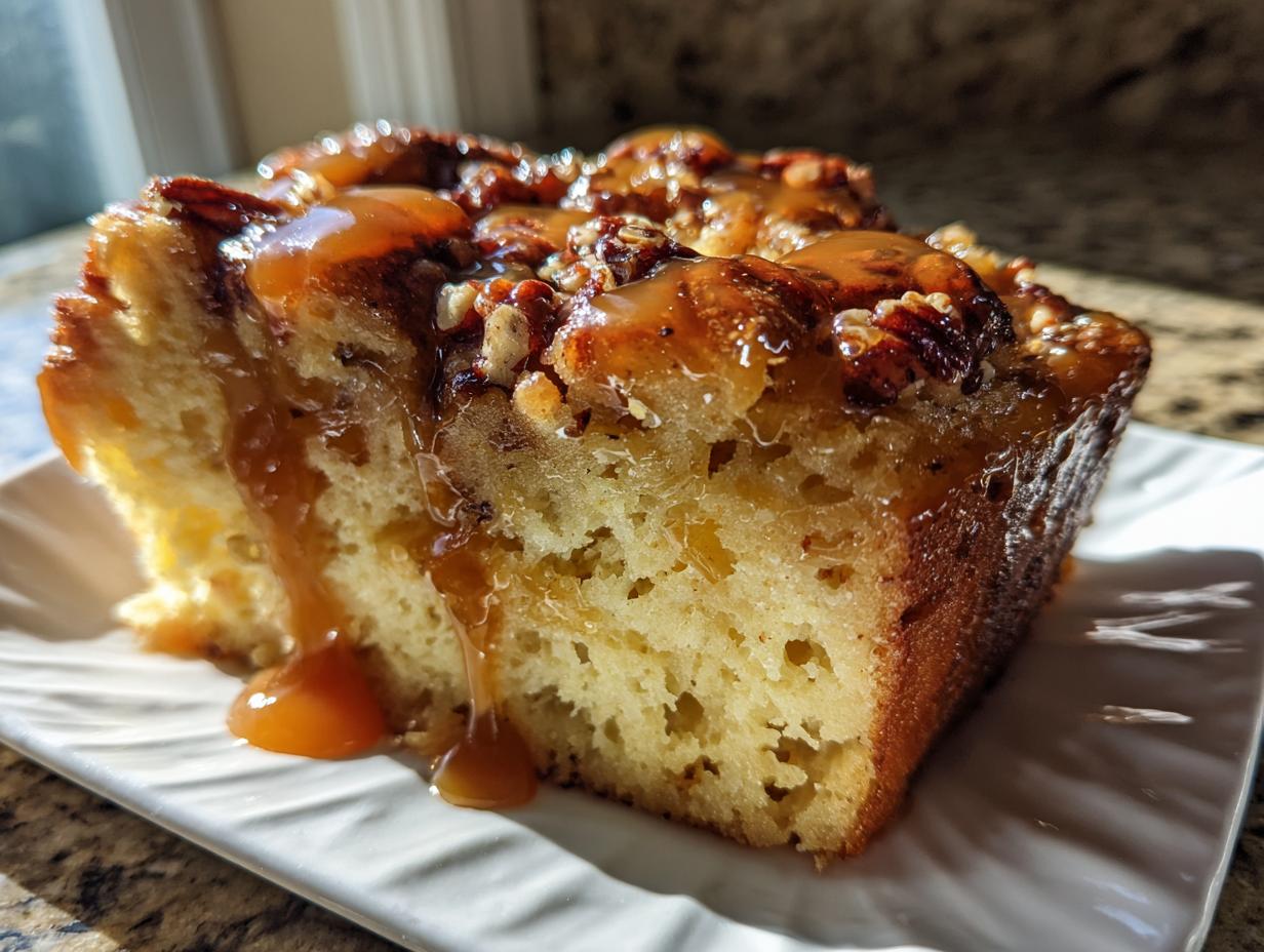 Close-up of a moist slice of pecan pie bread pudding topped with pecans and dripping with caramel sauce.