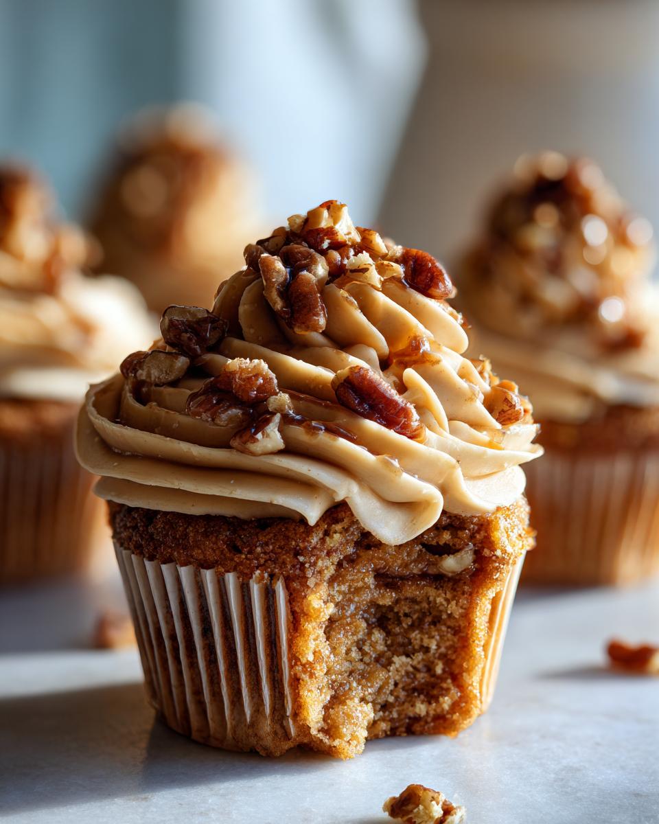 A close-up of a pecan pie cupcakes with a bite taken out, showing the moist interior and caramel pecan frosting.