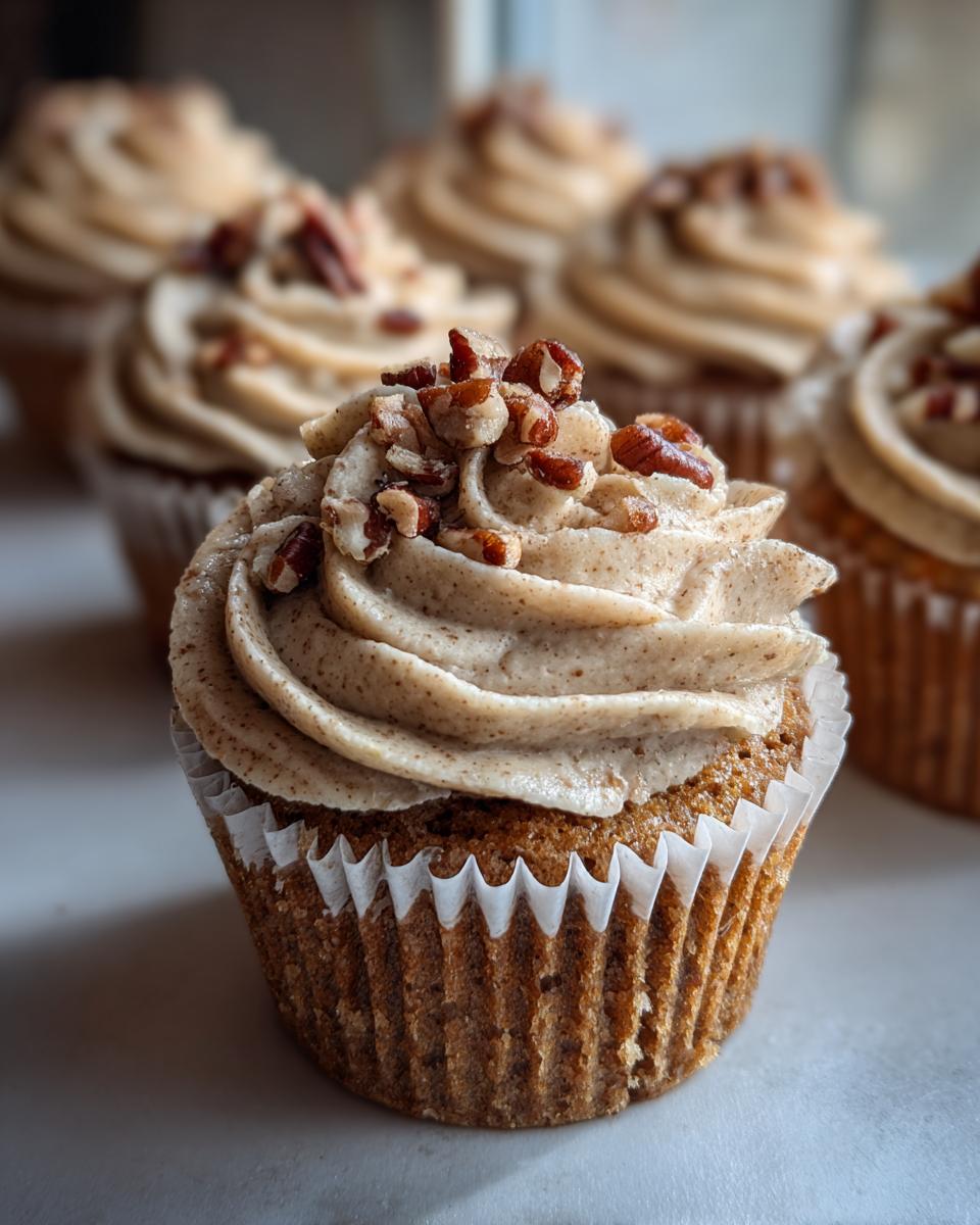 A close-up of one delicious pecan pie cupcake topped with spiced brown frosting and chopped pecans.