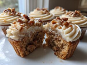 Close-up of a pecan pie cupcake cut in half showing the moist interior, topped with cream cheese frosting and candied pecans.