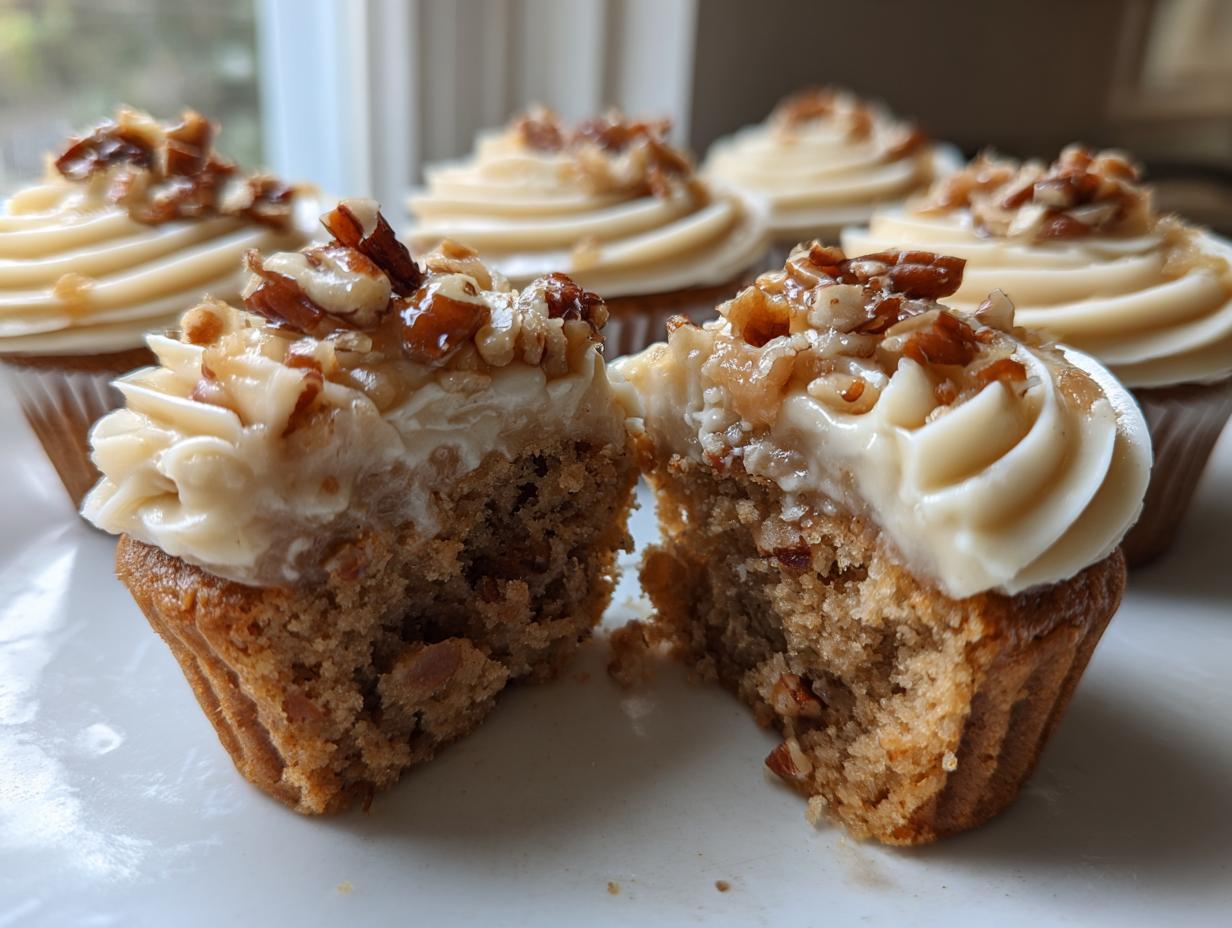 Close-up of a pecan pie cupcake cut in half showing the moist interior, topped with cream cheese frosting and candied pecans.