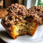 A close-up of a pecan pie muffin with a bite taken out, revealing a moist, yellow interior and a gooey, crunchy pecan topping.