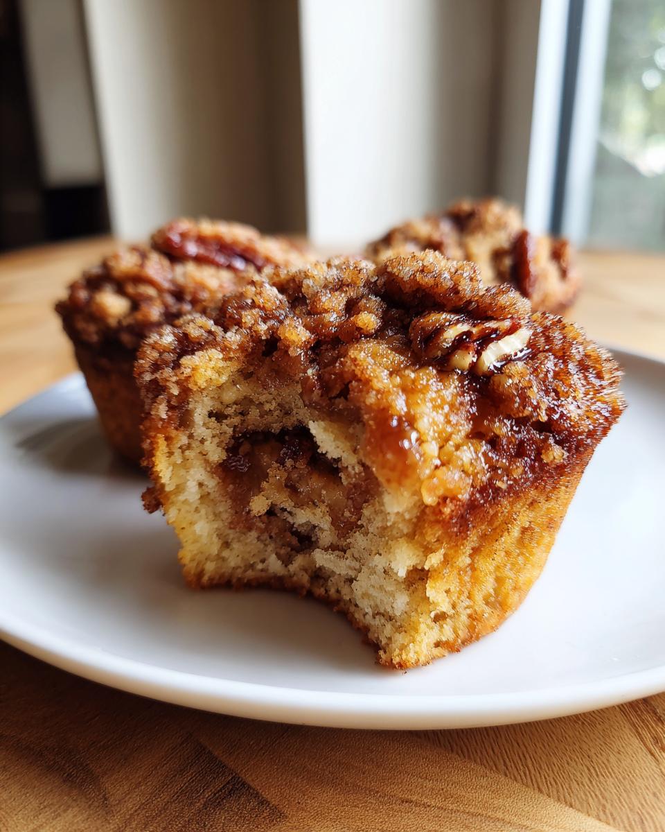 Close-up of a pecan pie muffin with a bite taken out, showing the gooey center and crunchy pecan topping.