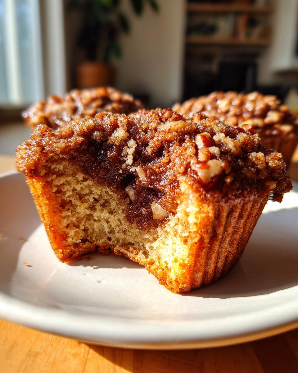 A pecan pie muffin with a bite taken out, showing the gooey pecan filling and crumbly topping.