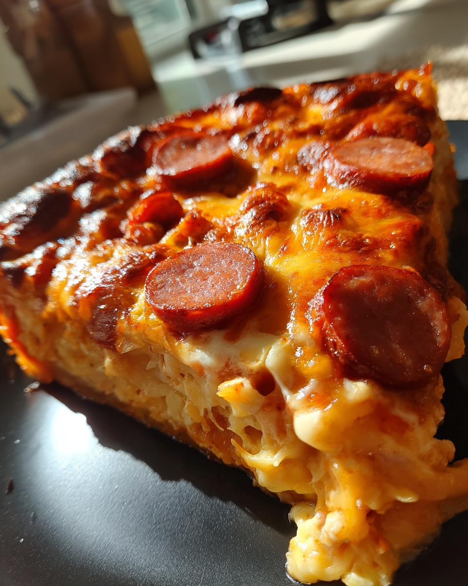 Close-up of a thick, cheesy slice of pepperoni pierogi casserole with a golden-brown, bubbly top.