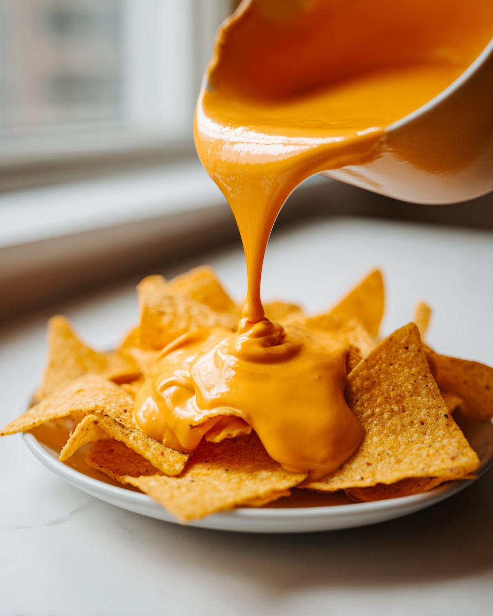Close-up of thick, bright orange nacho cheese sauce being poured from a bowl onto a plate of tortilla chips.
