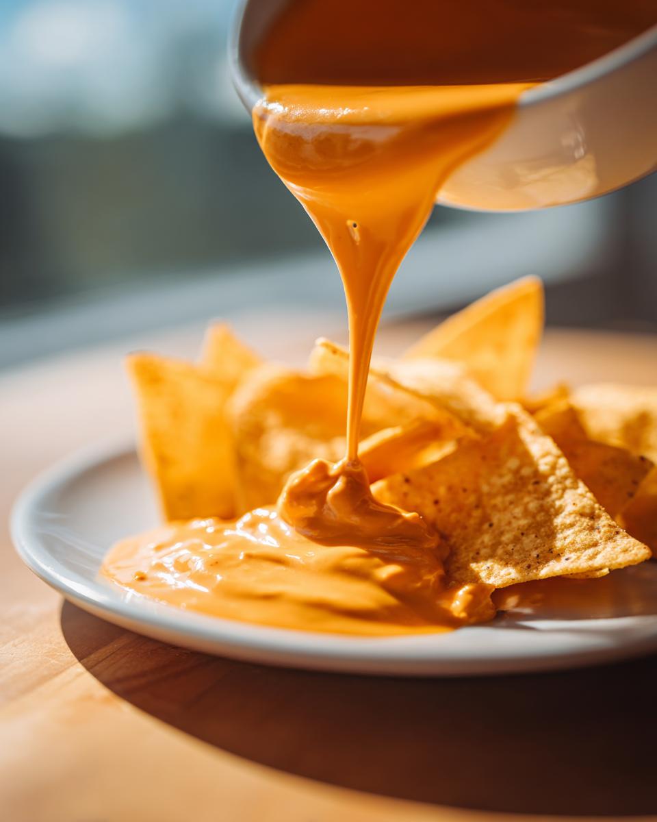 Close-up of thick, creamy nacho cheese being poured from a white bowl onto a pile of tortilla chips on a white plate.