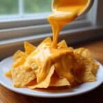 A stream of bright orange nacho cheese being poured from a white bowl onto a pile of tortilla chips.
