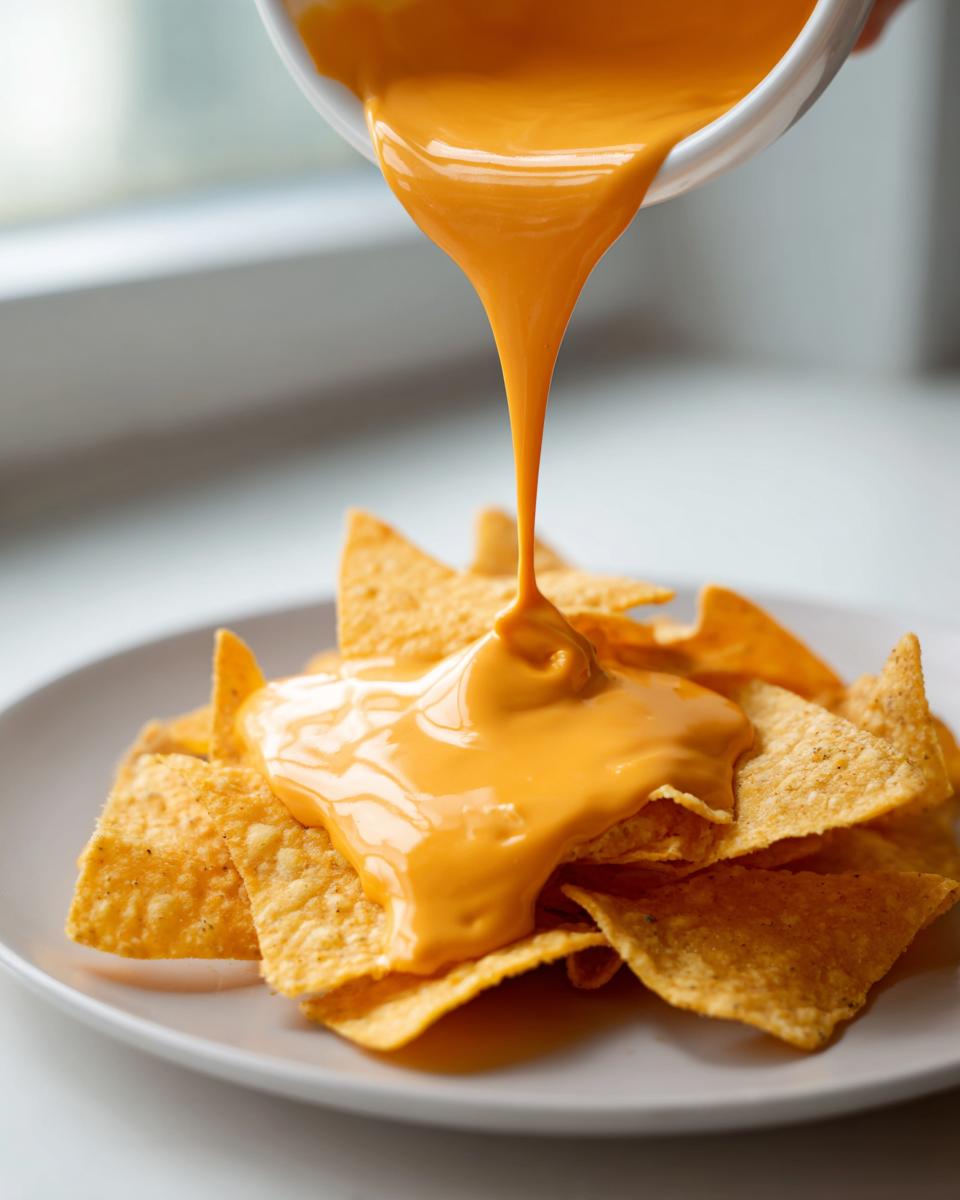 A stream of bright orange nacho cheese sauce being poured from a white bowl onto a pile of tortilla chips.
