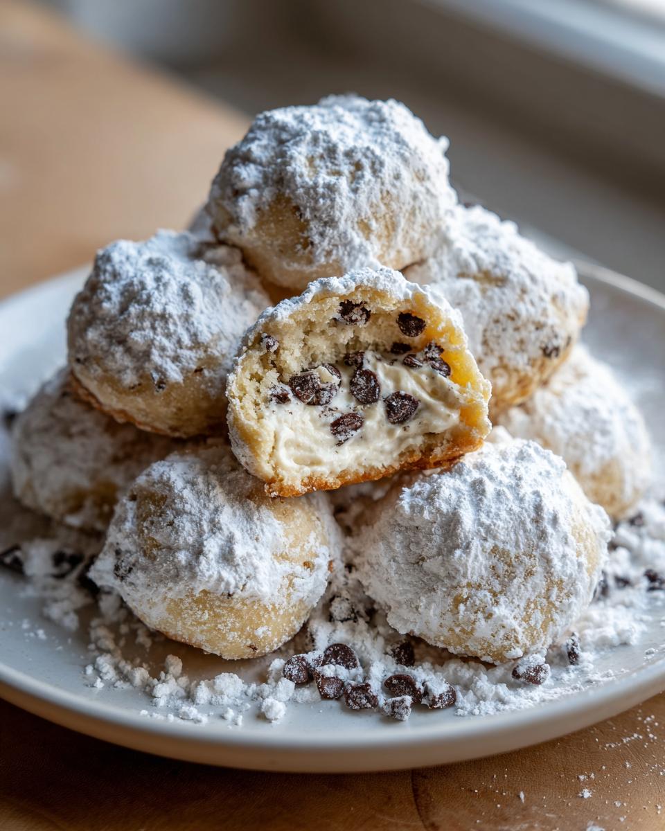 A stack of powdered sugar cannoli cookies, one broken open to show creamy filling and mini chocolate chips.