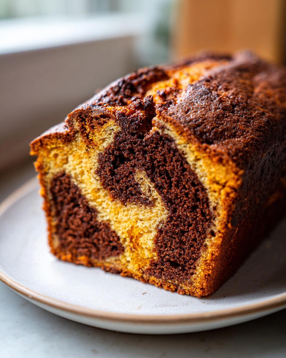 Close-up of a slice of pumpkin cream cheese bread showing a rich, dark chocolate and orange swirl pattern.