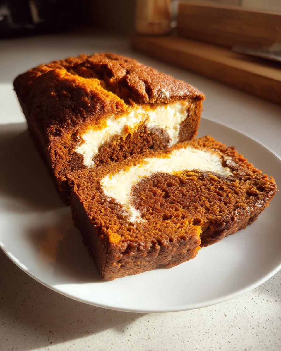 A loaf of rich, dark pumpkin cream cheese bread sliced open to show the creamy white swirl filling.