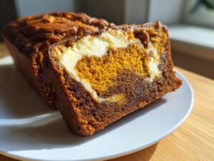 Cross-section of moist pumpkin cream cheese bread showing a vibrant orange pumpkin layer swirled with creamy white filling.