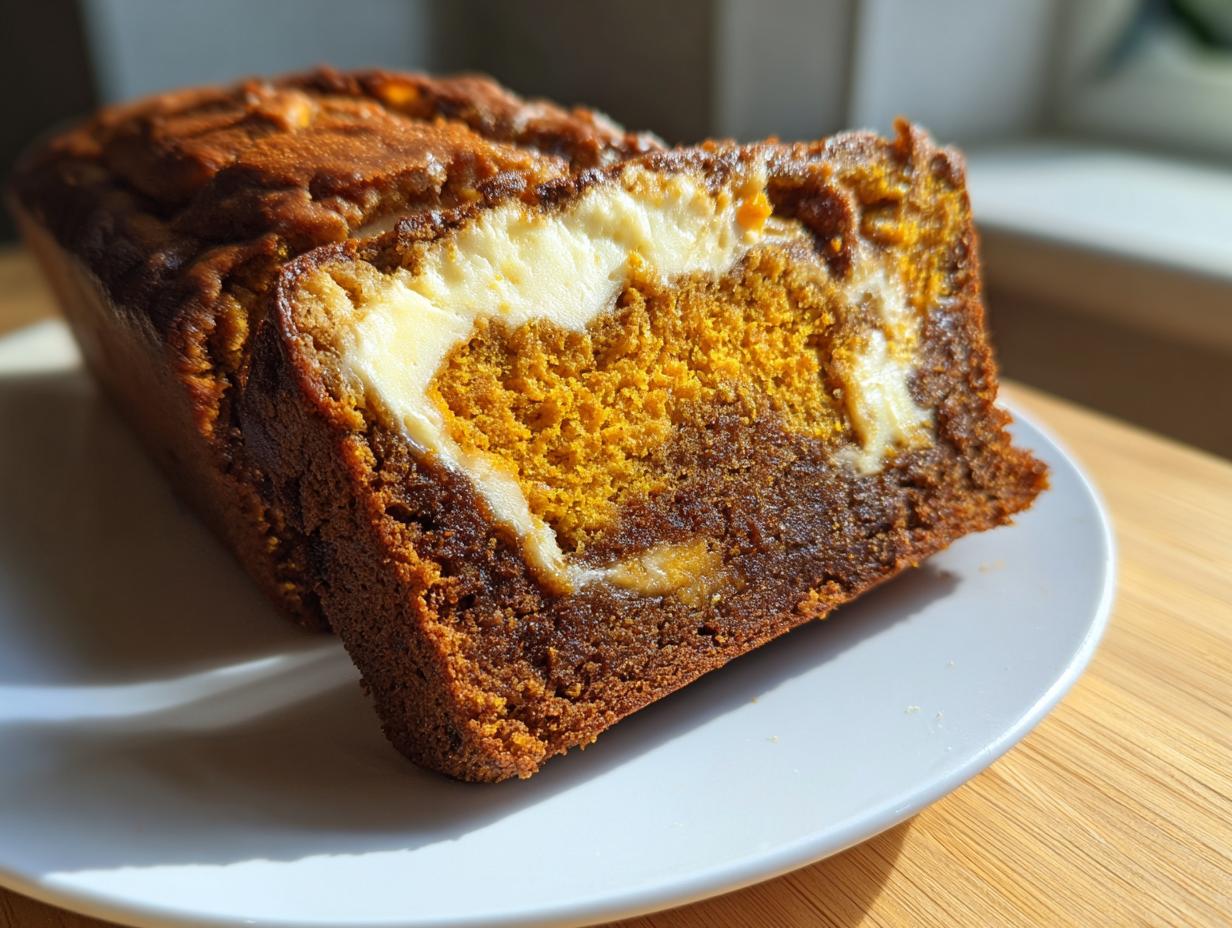 Cross-section of moist pumpkin cream cheese bread showing a vibrant orange pumpkin layer swirled with creamy white filling.