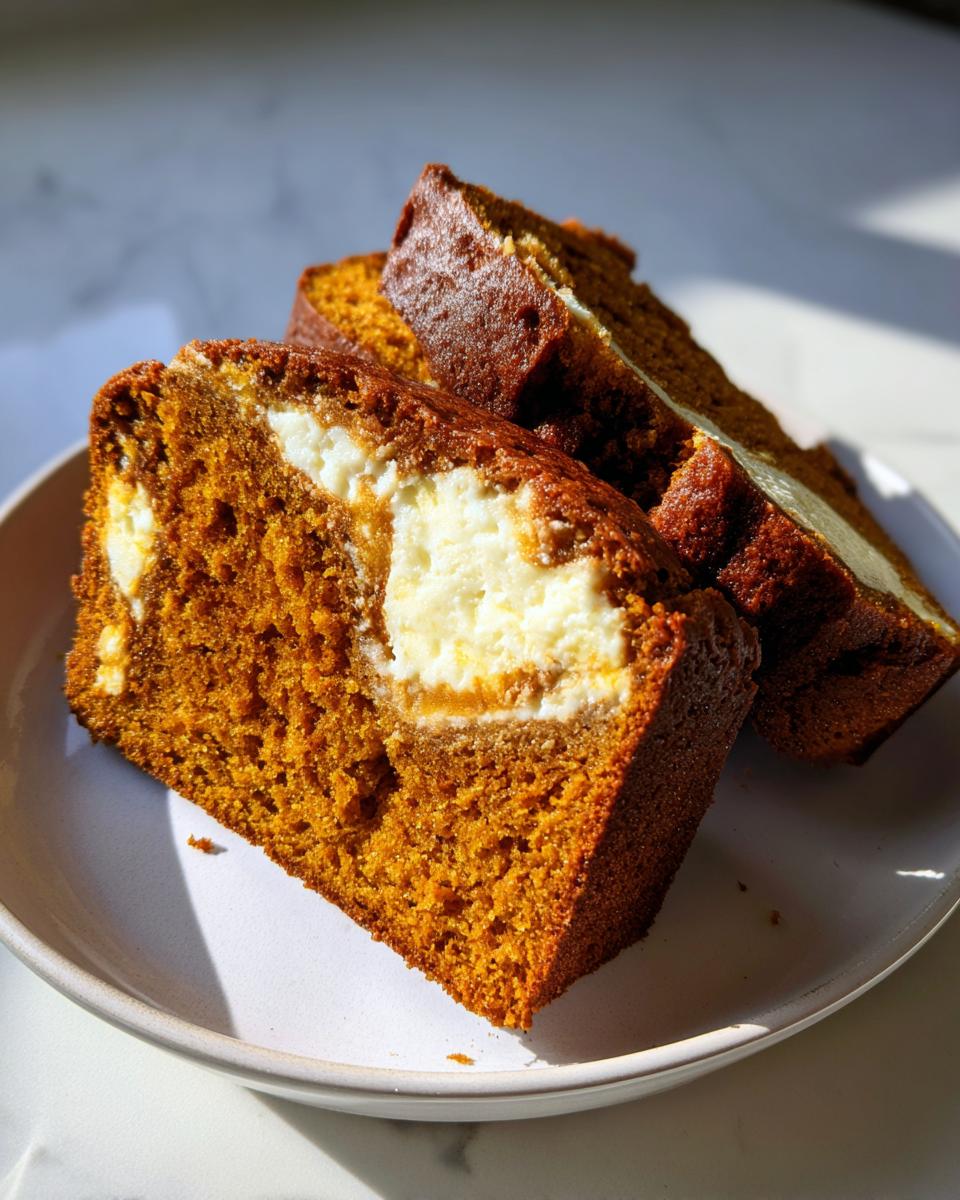 Two thick slices of moist pumpkin cream cheese bread showing a rich orange crumb and a creamy white swirl filling.