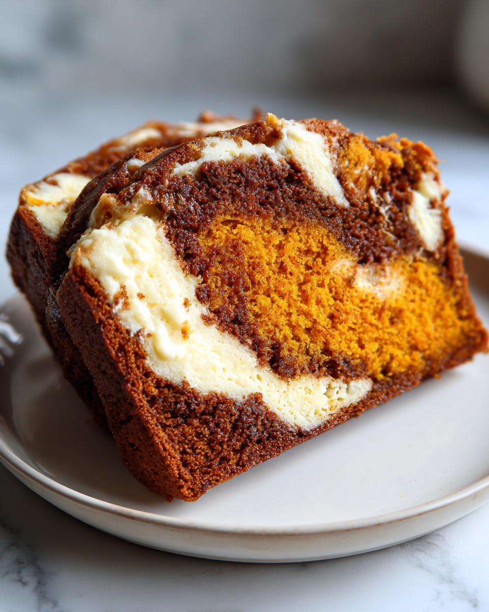 Two thick slices of pumpkin cream cheese bread showing a rich swirl of orange pumpkin cake, dark spice cake, and white cream cheese filling.