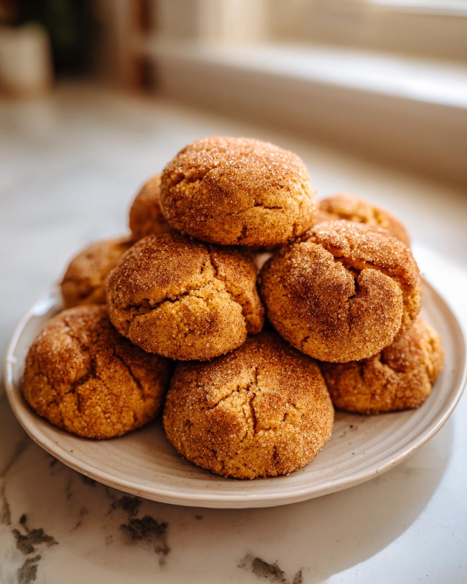 A plate piled high with freshly baked pumpkin snickerdoodle cookies coated in cinnamon sugar.