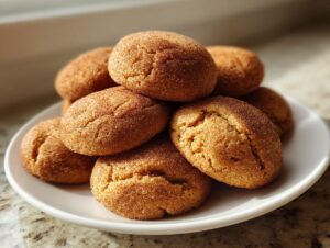 A close-up stack of soft, freshly baked pumpkin snickerdoodle cookies coated in cinnamon sugar.