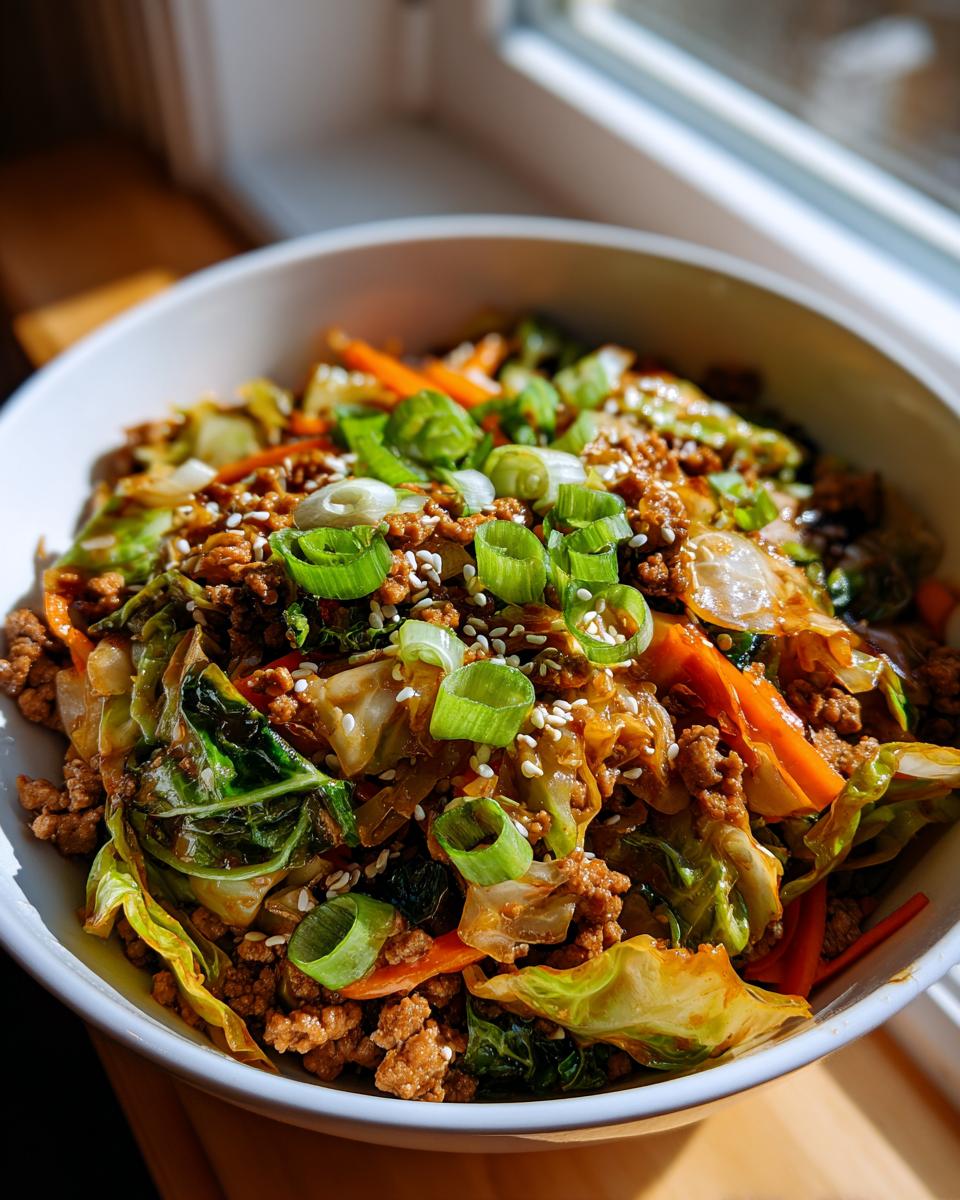A close-up of a white bowl filled with savory egg roll in a bowl mixture, topped with green onions and sesame seeds.
