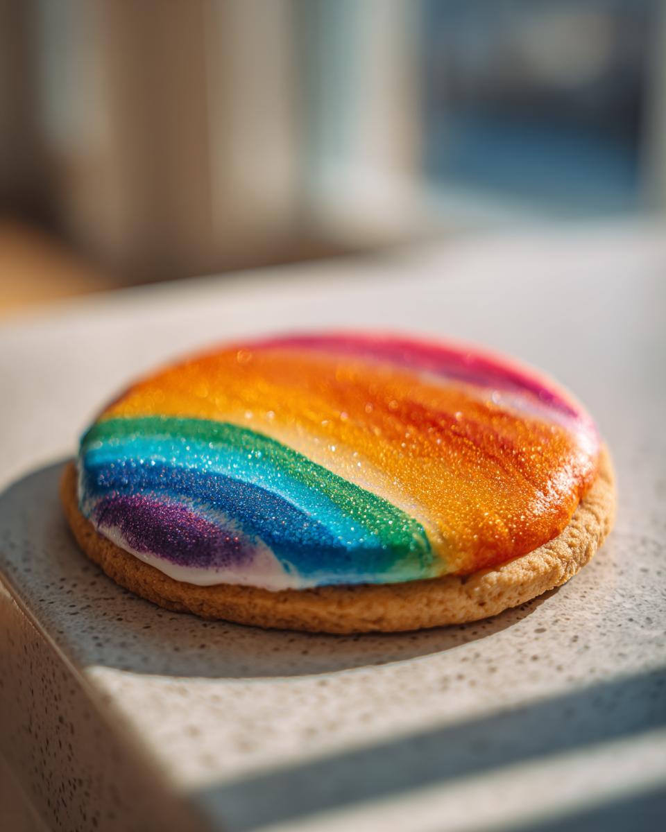 Close-up of a round sugar cookie topped with vibrant, sparkling, rainbow-colored sugar cookie icing that hardens.
