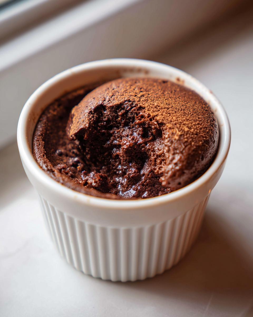 Close-up of a decadent chocolate mousse served in a white fluted ramekin, dusted with cocoa powder.